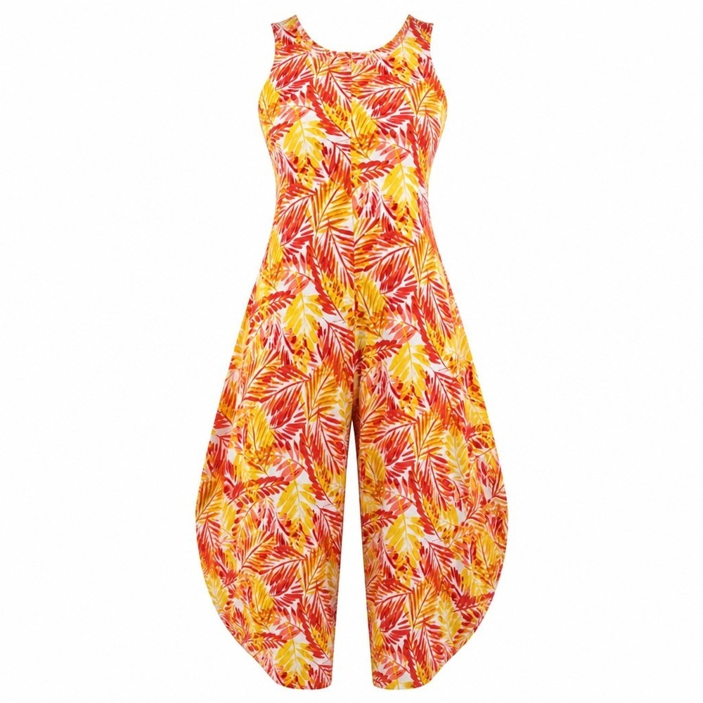 Cocomo Woman Jumpsuit Womens 3X Orange Yellow Tropical Palm Leaf Wide Leg Summer
